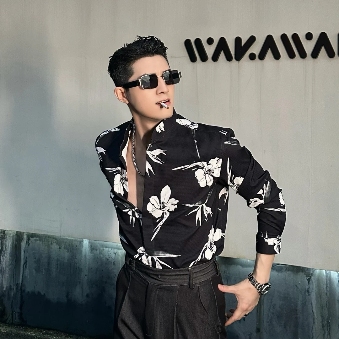 L-YDONG【夏日西格玛】春夏薄款气质个性印花修身潮流休闲衬衫6116