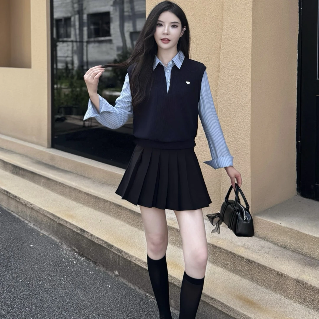 拉夏贝尔假两件衬衣2025年秋季新款女百搭韩系假两件套长袖衬衫