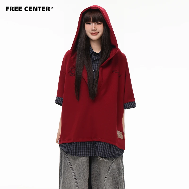 Free Center280G美式假两件格纹衬衫短袖夏高级感连帽T恤男女上衣