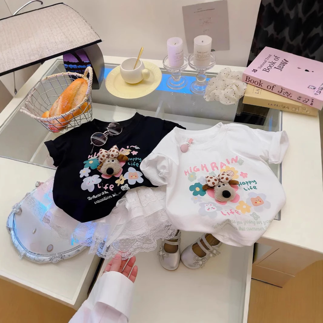 夏季新款2025纯棉短袖t恤卡通女童立体玩偶新款女孩上衣t恤