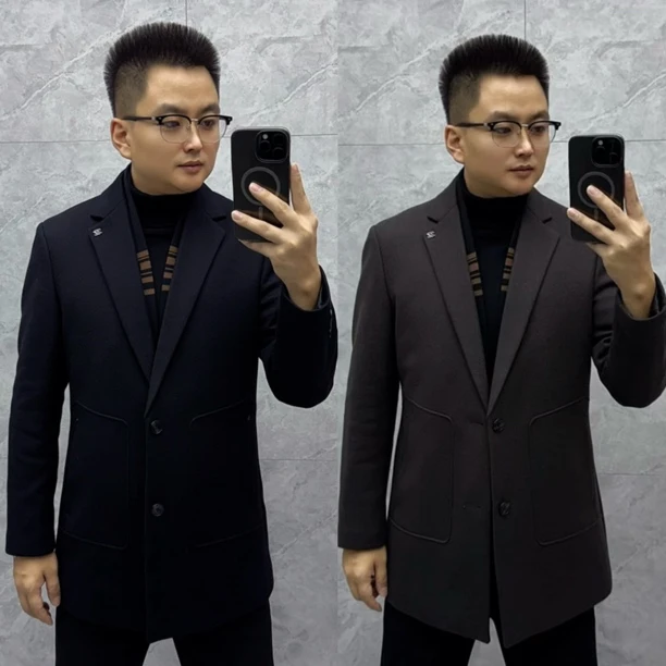 冬季新款百搭毛呢大衣围巾款商务西装领羽绒内里保暖高档