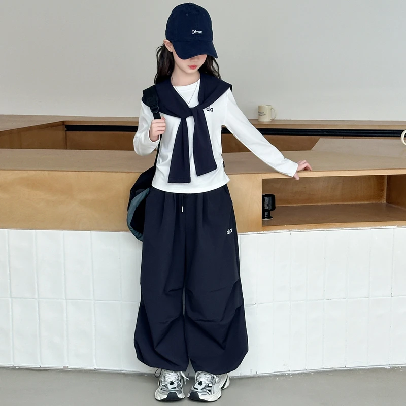 女童韩系穿搭套装春秋2025新款儿童披肩长袖卫衣运动阔腿裤三件套