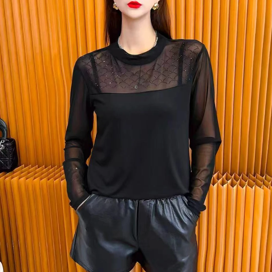 梦梦家1650款轻职风抗起球纯色长袖T恤显瘦百搭蕾丝衫圆领