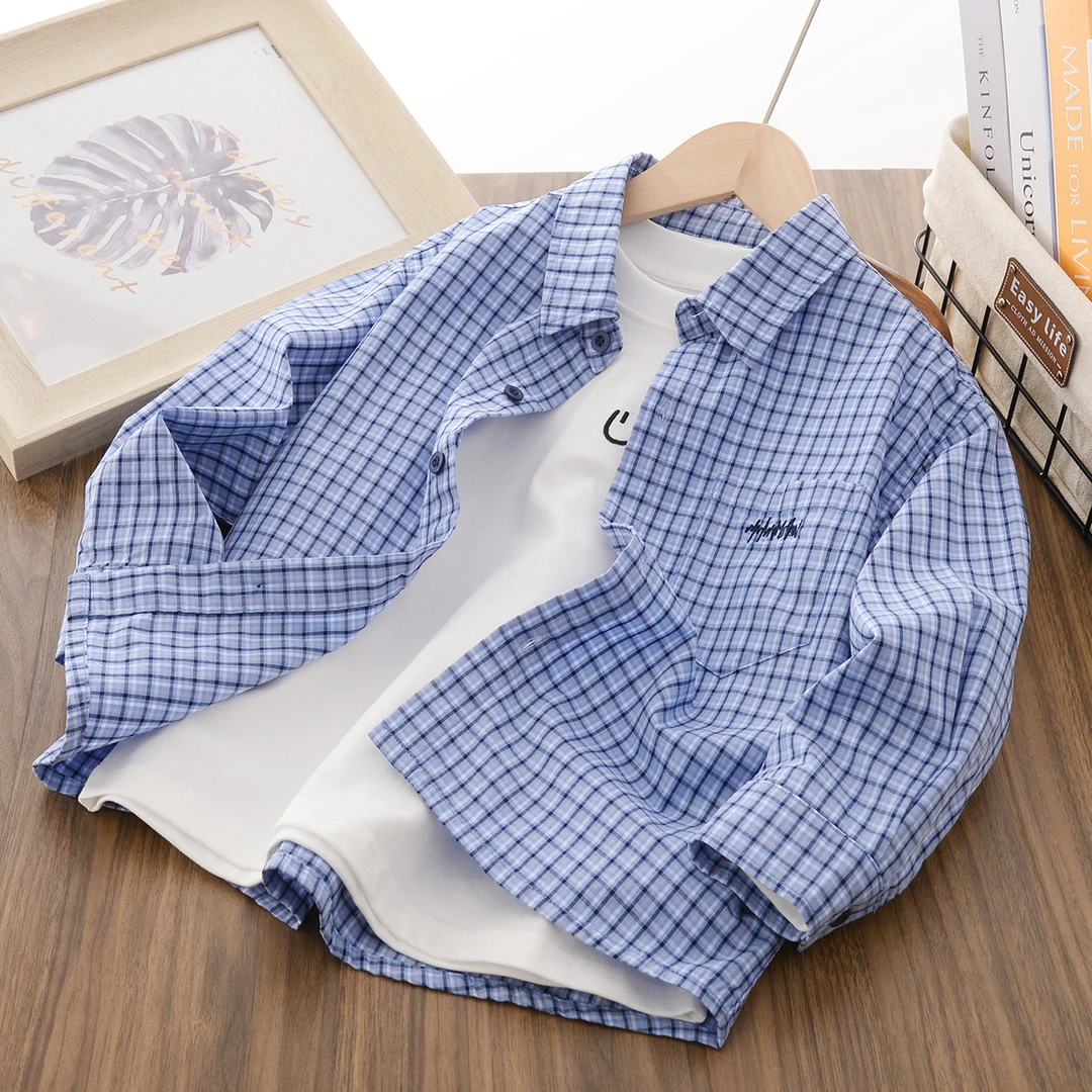 258cs9童装男童格子衬衫春季新款大童宝宝学院风长袖衬衣儿童上衣