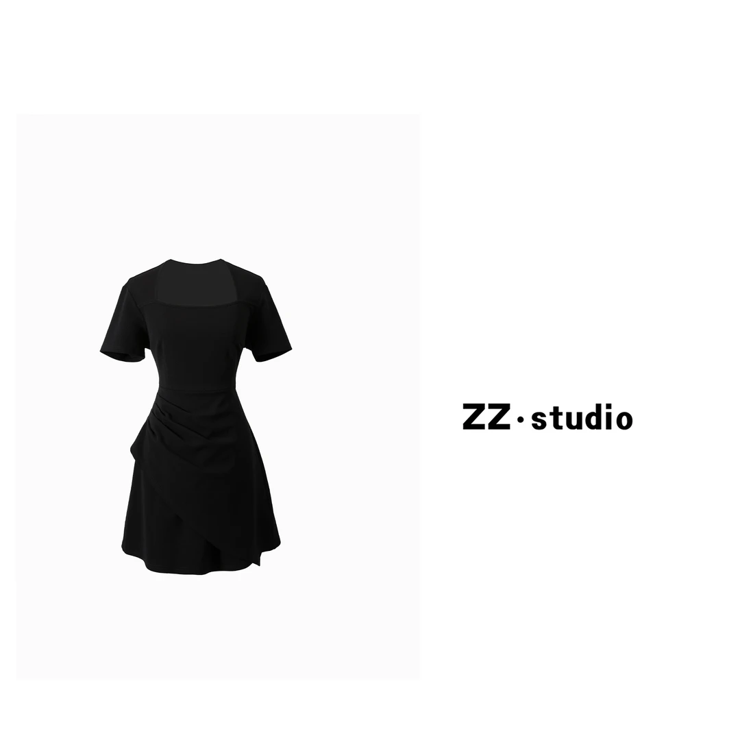 一口苏达方领收腰裙 夏季显瘦百搭气质收腰显瘦短款连衣裙A113