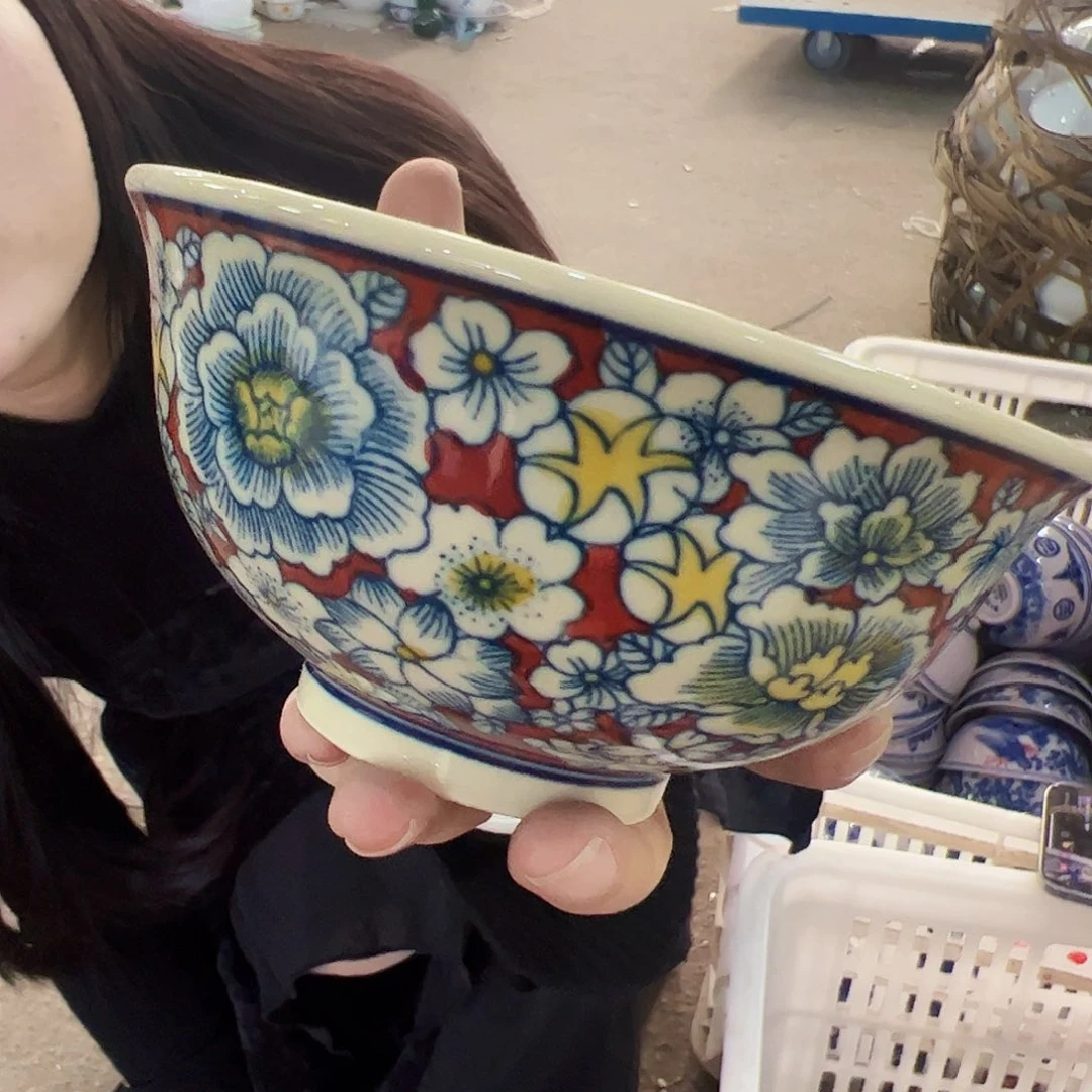 摆件景德镇黄xixi红牡丹5寸碗