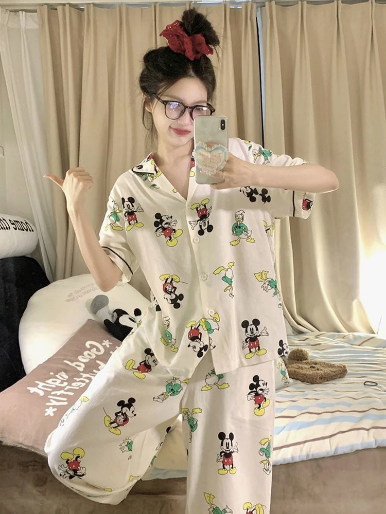 93021# 米奇 翻领短袖长裤休闲舒适甜美透气睡衣家居服