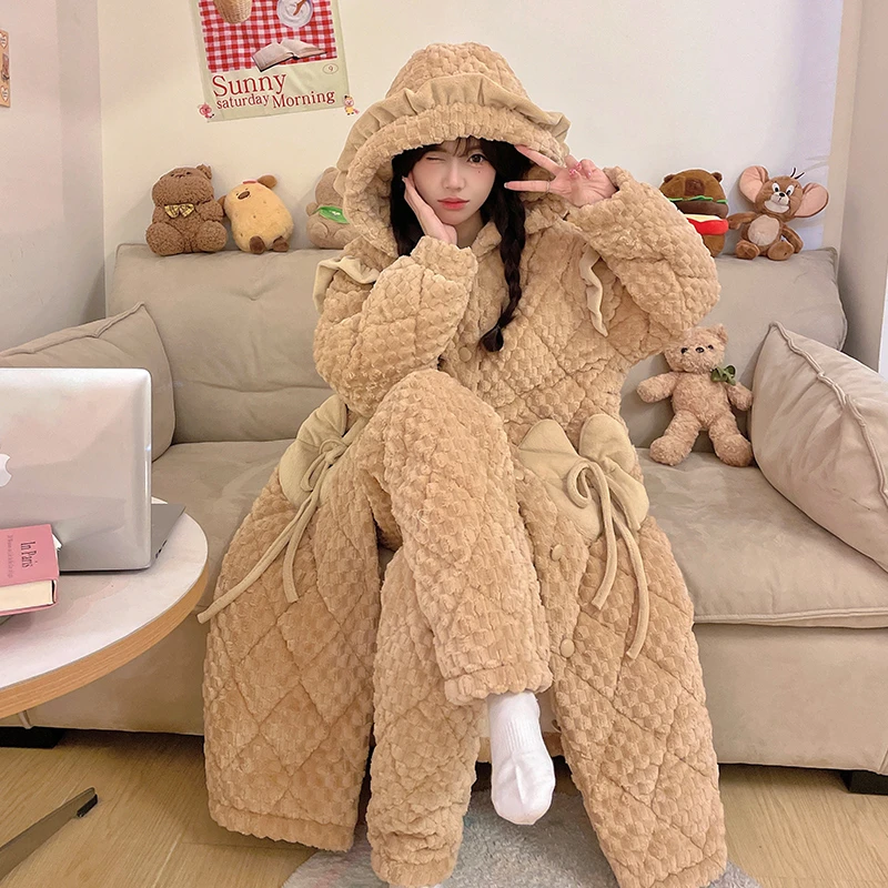 【咖珍珠7688款冬季睡衣女】三层加厚加绒夹棉睡衣套装气质可外穿