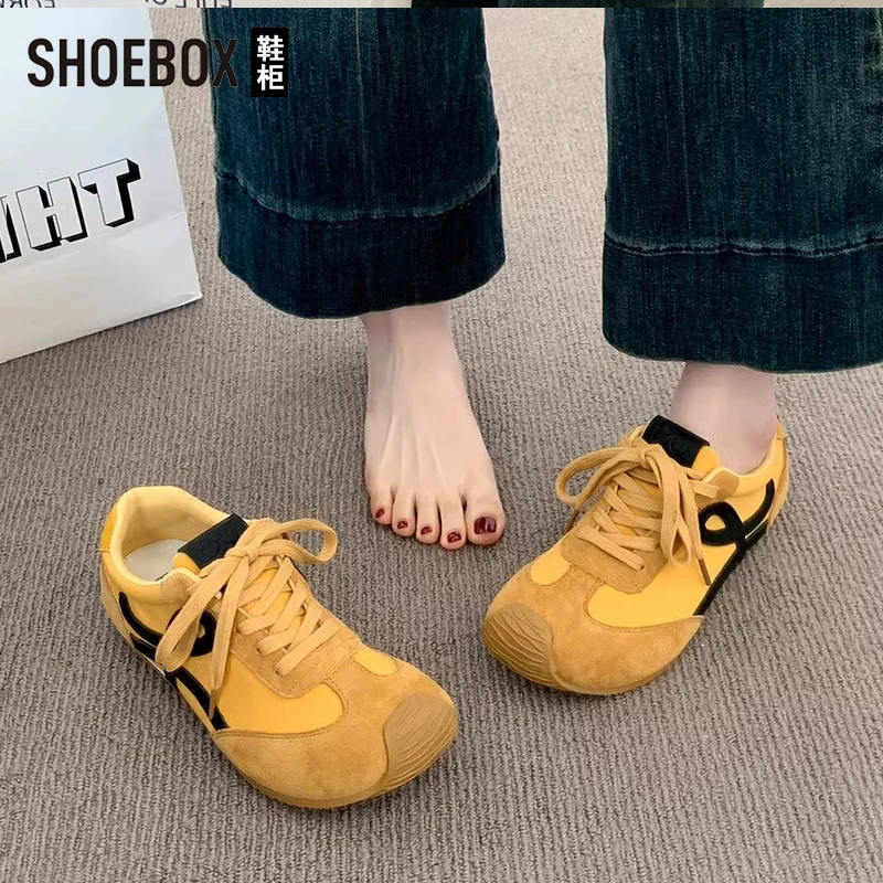 达芙妮集团旗下黄色增高休闲板鞋女夏2025新款厚底拼色阿甘德训鞋