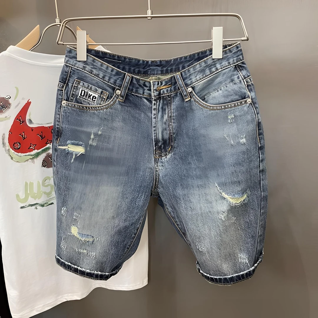 Cebrodz潮牌刺绣破洞牛仔短裤男新款做旧复古宽松直筒痞帅五分裤