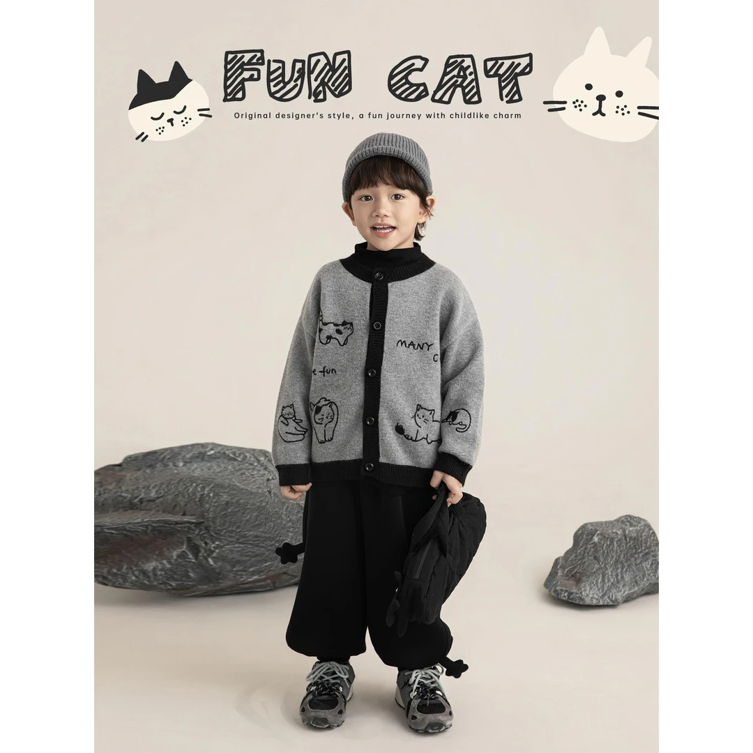 幼悠男童手绘猫咪毛衣针织开衫秋冬季立体猫耳保暖儿童衣服N7104