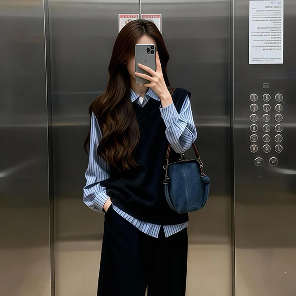 盐系轻熟套装高级感小个子减龄今年流行漂亮又a又飒条纹衬衫马甲