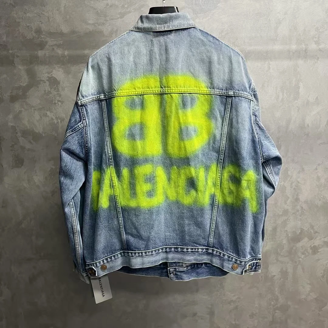 未使用 Balenciaga/巴黎世家 蓝色水洗做旧字母刺绣牛仔外套/XS/S