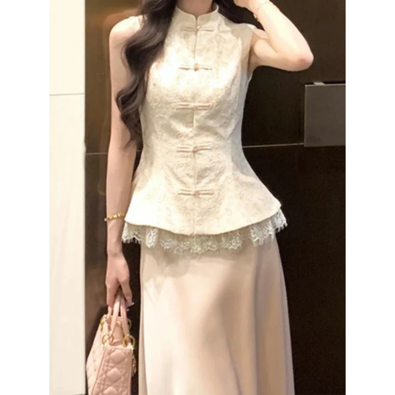 新中式国风套装蕾丝拼接无袖上衣女夏季新款宽松显瘦半身裙两件套