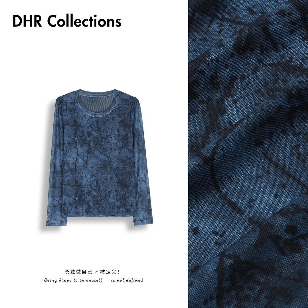 豆豆6【晕染蓝图】2025初秋新款外搭长袖T恤圆领薄款上衣女-DQ9126