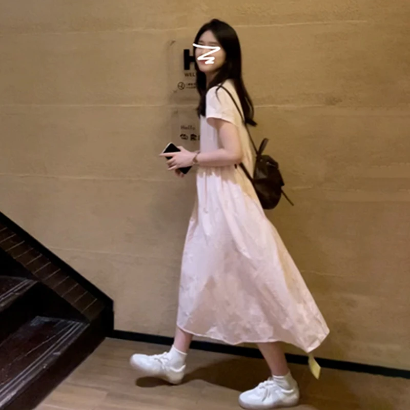 特价法式甜美短袖粉色连衣裙子女夏季收腰大方长裙设计感3875