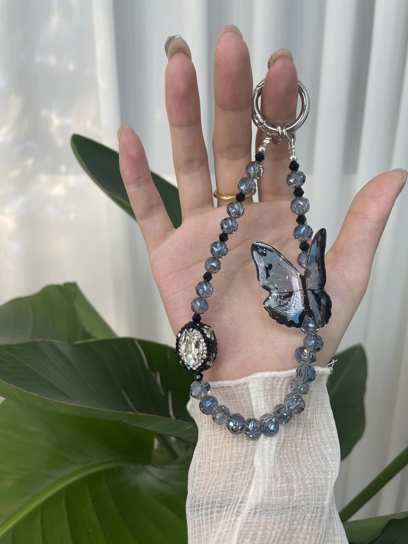 【墨兰蝴蝶】水晶串珠蝴蝶重工爆闪手工挂件手机挂件闺蜜礼物短款