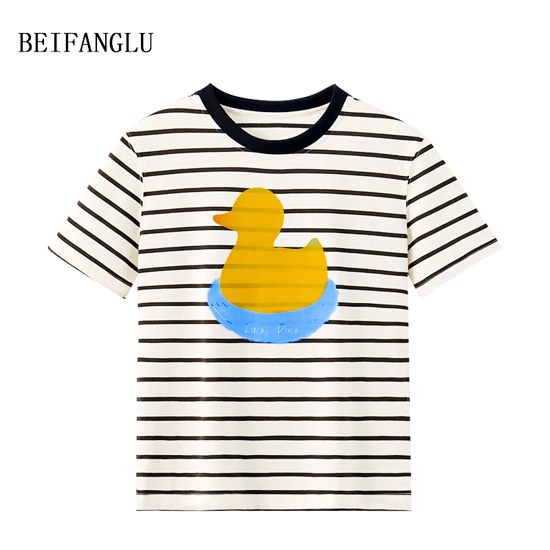 北方鹿 童趣小黄鸭条纹棉T恤夏季女士薄短袖T恤10047