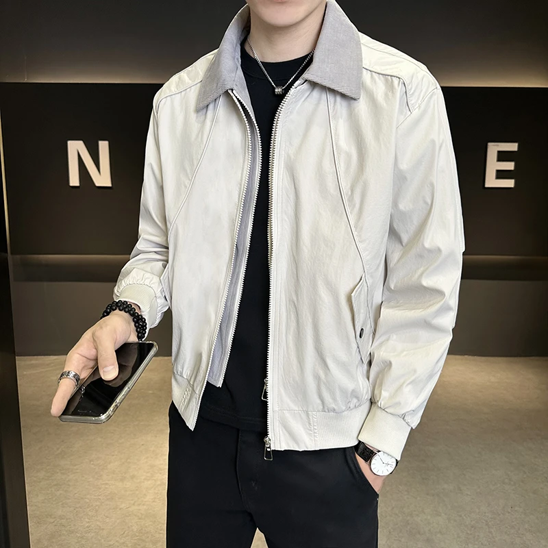 男2025秋季翻领假两件男士宽松薄款立领夹克帅气百搭男装上衣