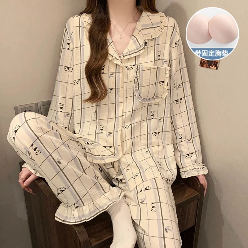 春季新品慵懒小熊猫带杯垫云朵棉睡衣柔软透气减龄女长袖套装1663