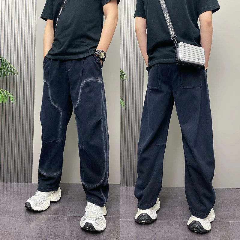 2025冬季加绒牛仔裤阔腿弯刀裤男潮牌宽松美式复古拼接休闲直筒裤