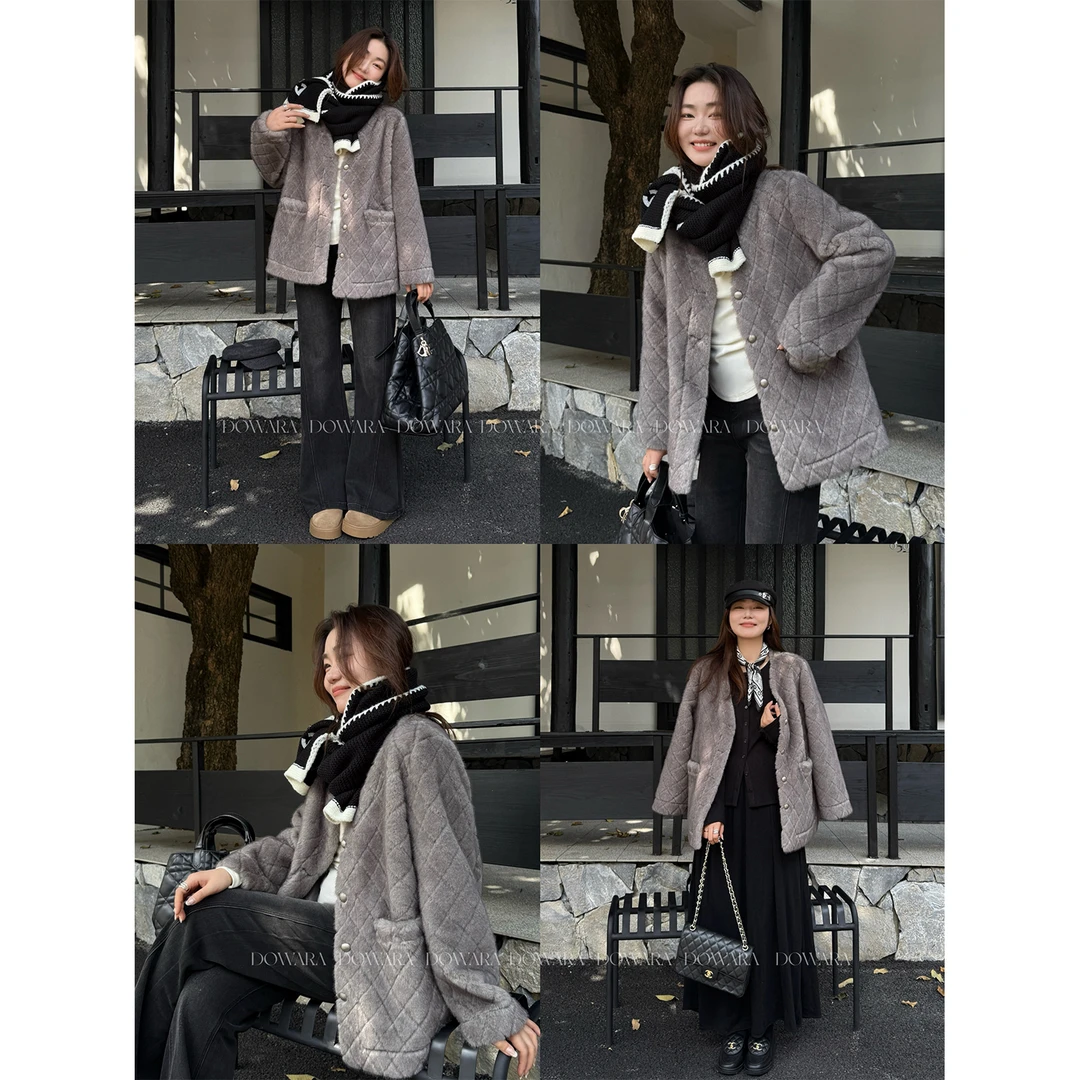 大婉酱微胖定制【暖玉浮雕】韩系冬季气质显瘦毛毛一体外套女1000D