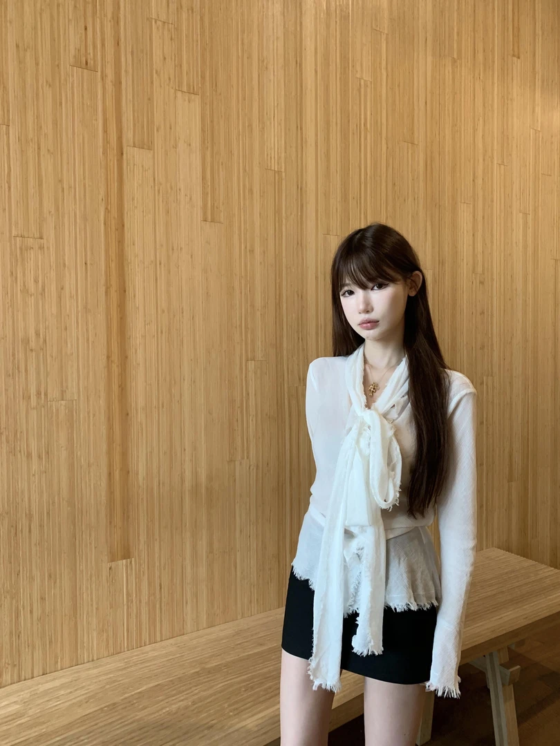 设计感毛边微透视显瘦纯欲辣妹绑带衬衫上衣高腰显瘦性感包臀短裙