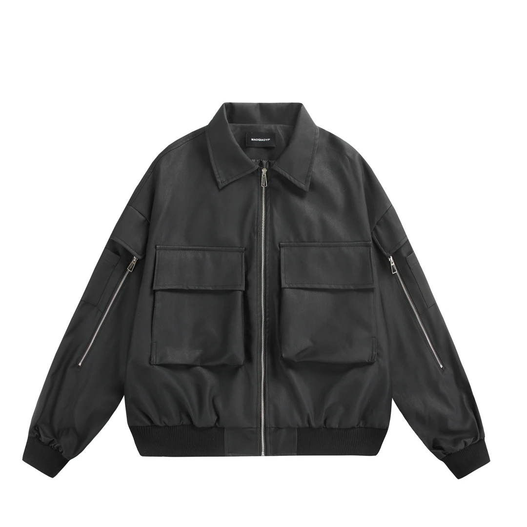2025年春季新款潮牌翻领工装外套男百搭宽松皮夹克明星同款皮衣潮