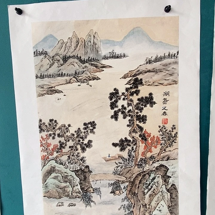 国画微瑕四尺三开手绘山水