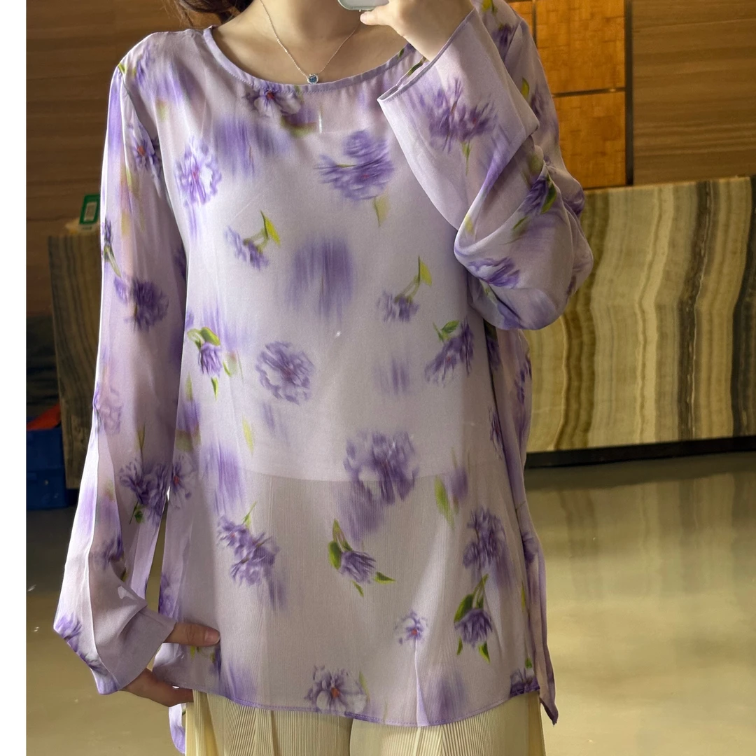 D50016南油爆款气质紫色印花套头上衣