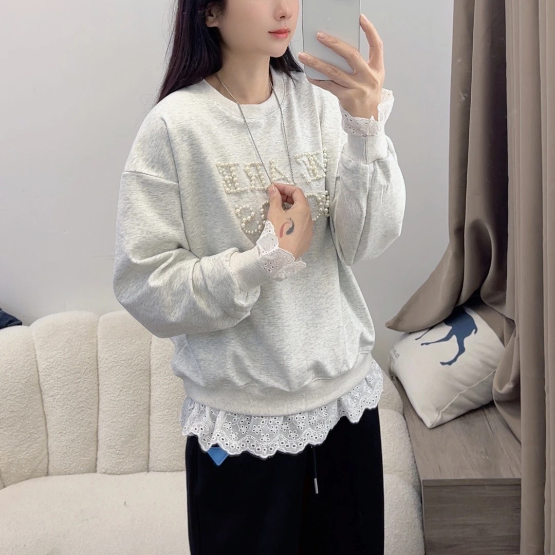春季新款韩版重工钉珠拼蕾丝花边上衣春季圆领长袖卫衣女DYY2599