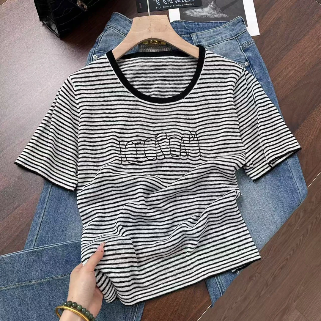 细条纹字母款~气质撞色设计！百搭不挑人正肩针织衫Y7177