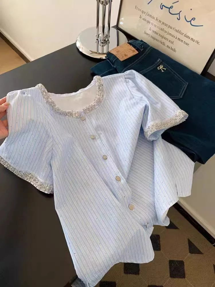 夏季法式镶钻蓝色条纹短袖衬衫气质女轻奢高级感洋气减龄显瘦上衣