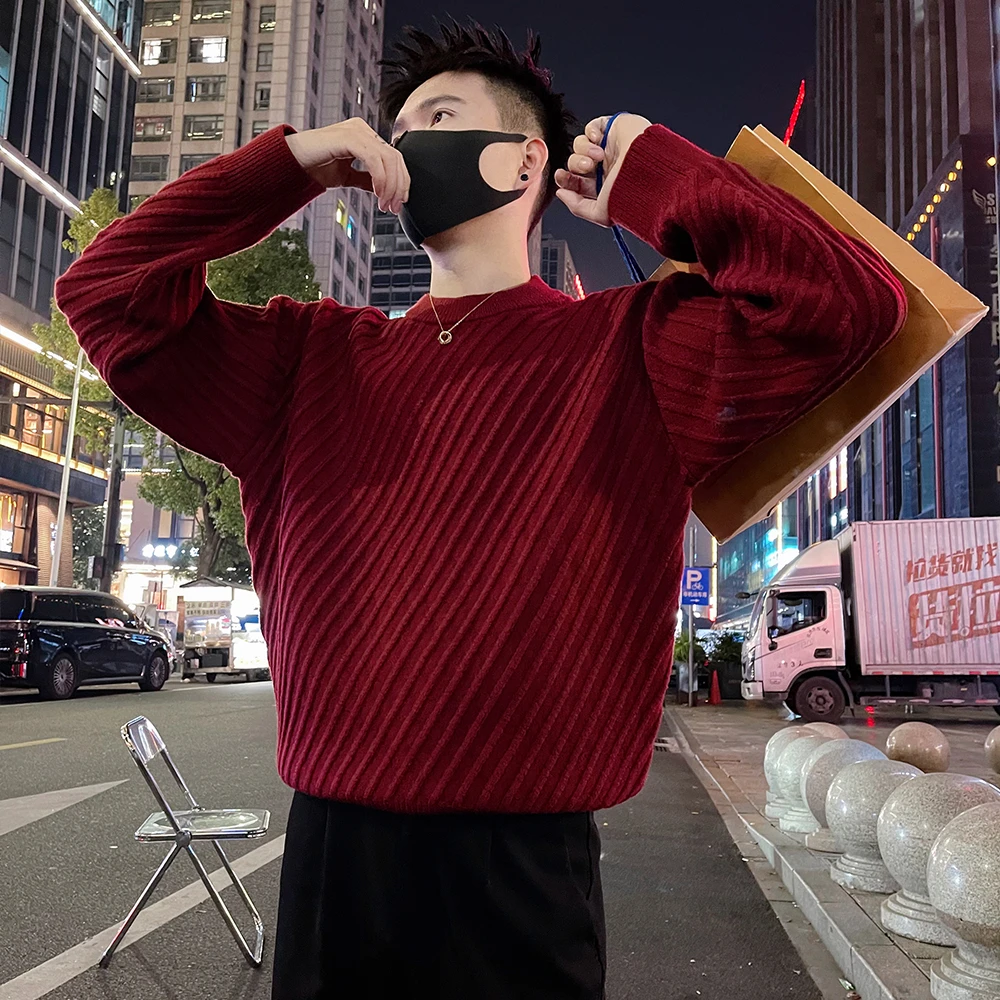 秋冬季男士潮流宽松斜条纹毛衣2025新款线衣男装打底衫内搭针织衫
