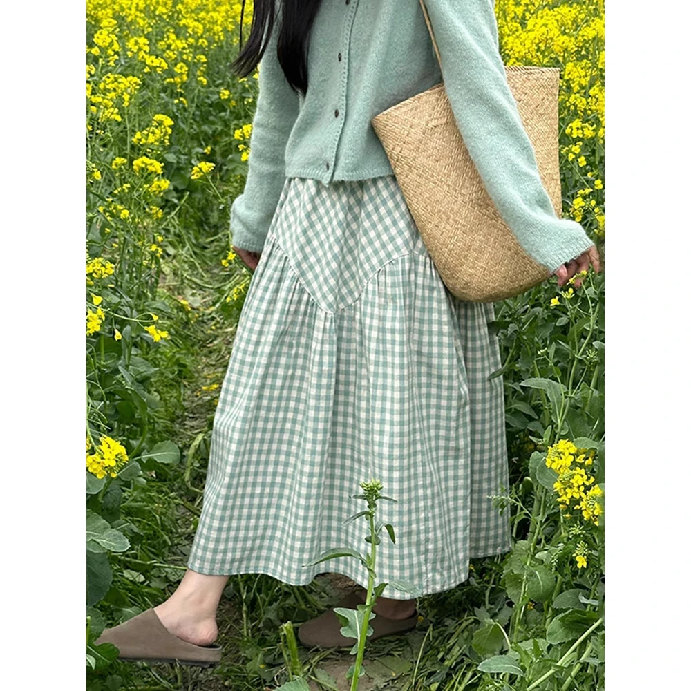 绿白格子半身裙2025春季新款女大码胖mm梨型身材大摆a字拼接长裙