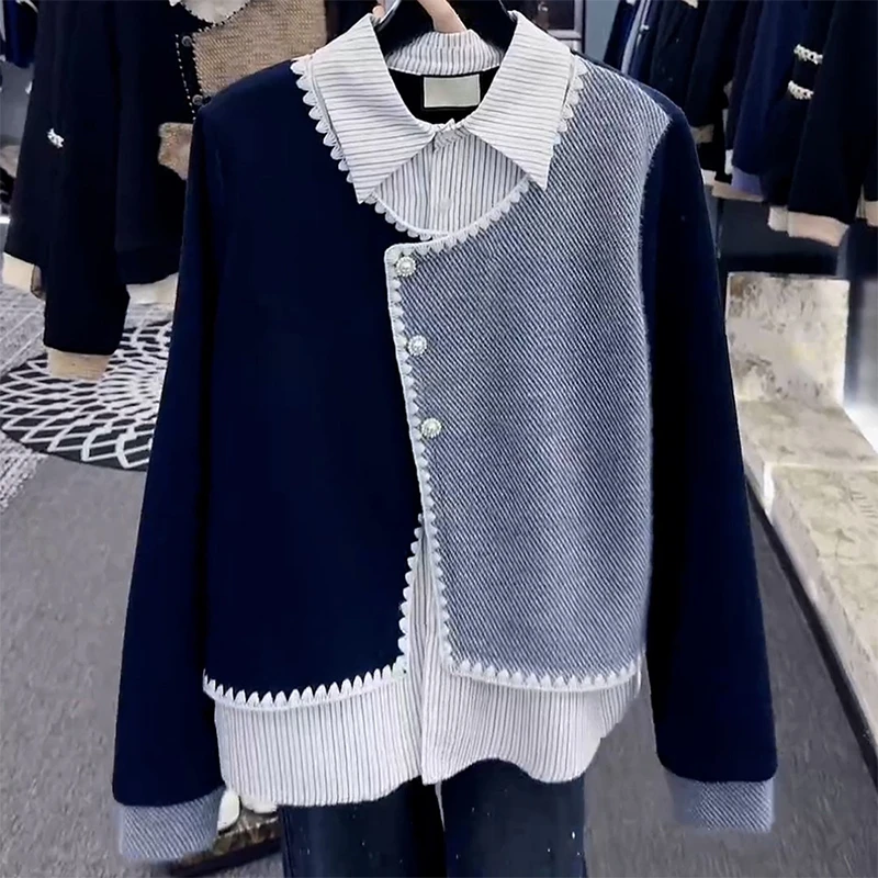 设计感假两件拼接翻领卫衣女2025冬季新款宽松显瘦气质洋气上衣潮