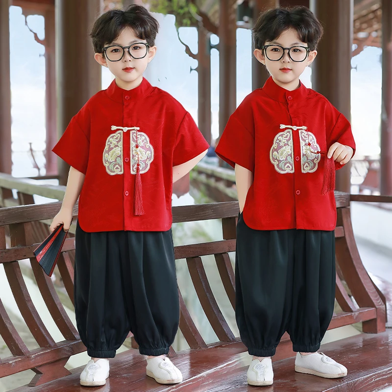 汉服男童夏季新中式中国风短袖套装儿童高端小众礼服宝宝古装唐装