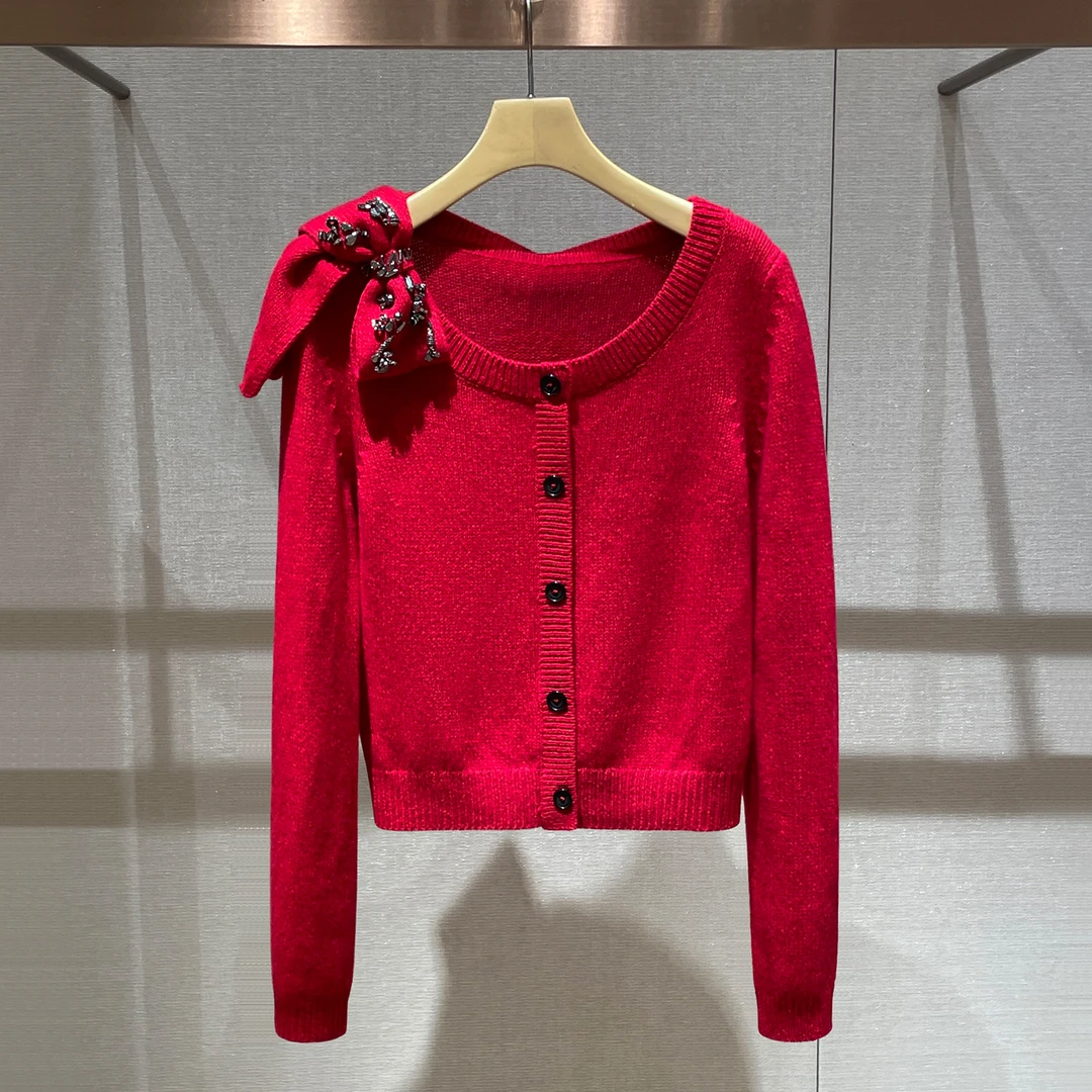 氛围感红色针织衫2026早春新款小个子洋气减龄蝴蝶结毛衣开衫外套