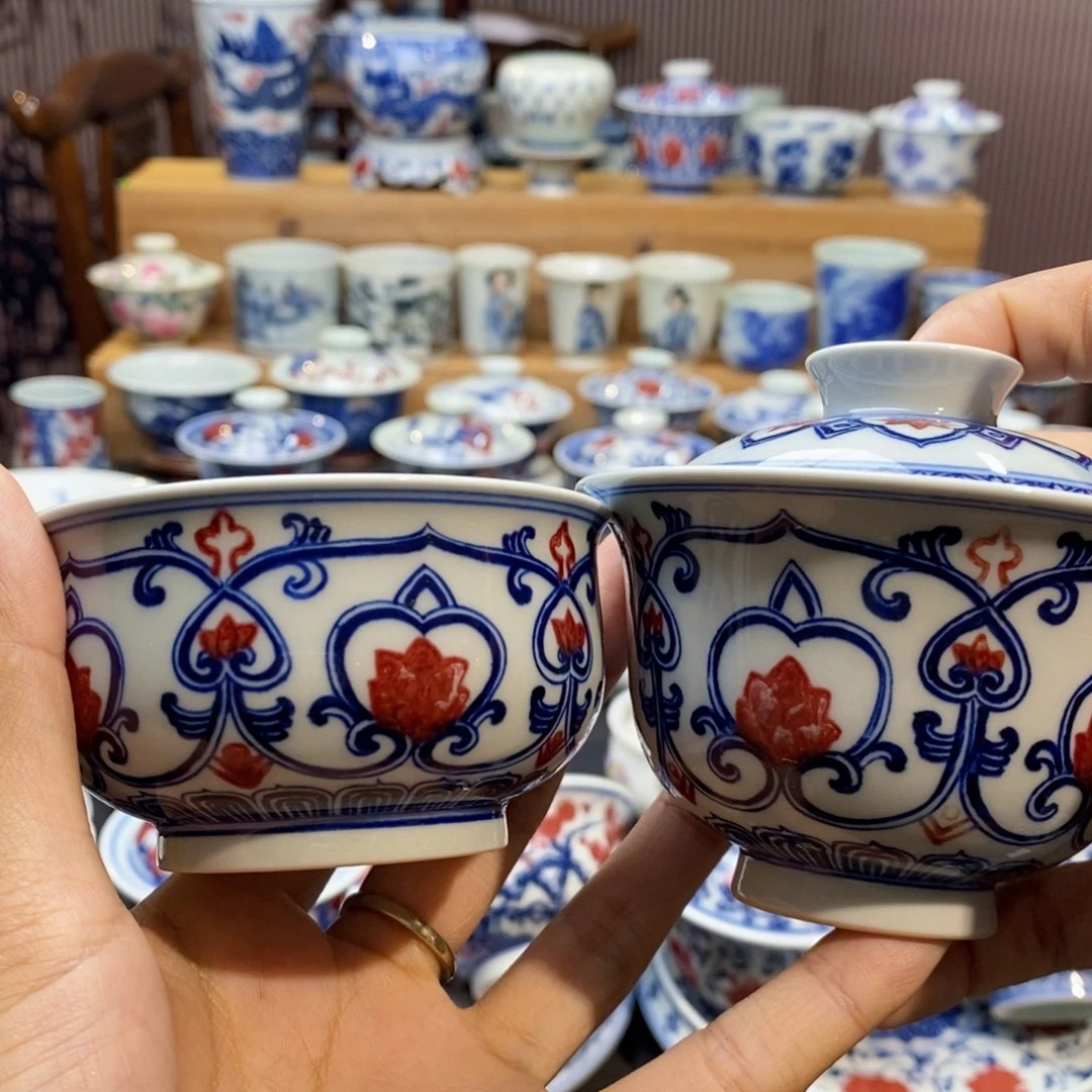微瑕缠枝莲花卉两件套手绘原矿