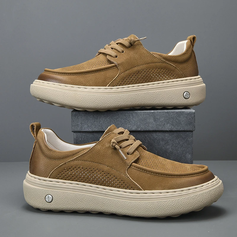 男鞋2025新款夏季透气真皮头层牛皮软底网眼板鞋男士鞋子休闲鞋