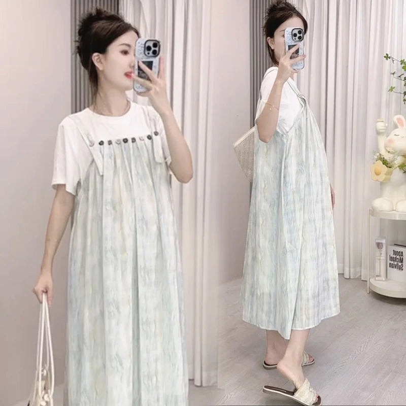 2025夏季新款韩版时尚薄荷曼波扎染拼接假两件孕妇连衣裙