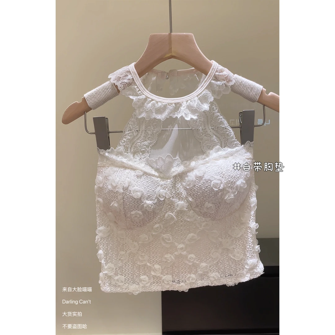 大脸喵 乖乖牌 挂脖蕾丝抹胸背心夏季新款蝴蝶结裹胸精致外穿上衣