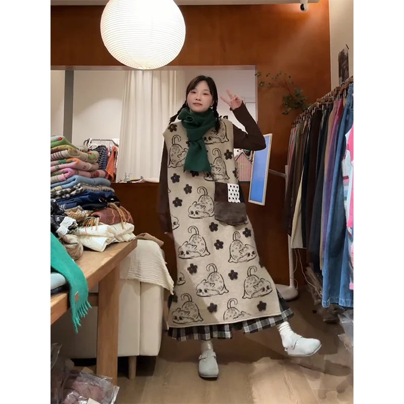 parkyeon秋冬新款猫咪针织毛衣背心连衣裙内搭打底上衣半身裙套装