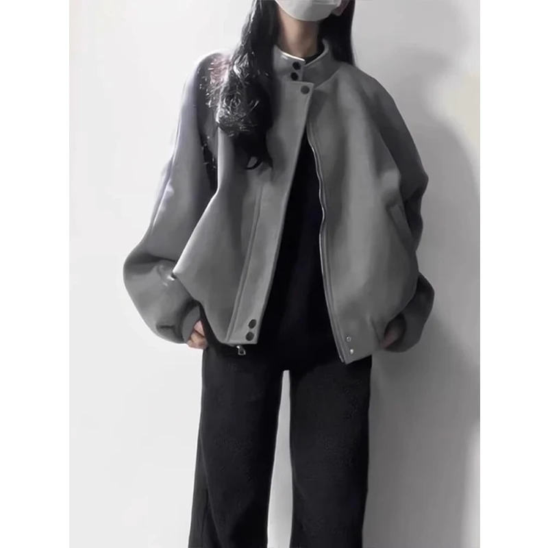 灰色立领美式短款毛呢外套男春秋高级感潮流呢子大衣廓形西装夹克