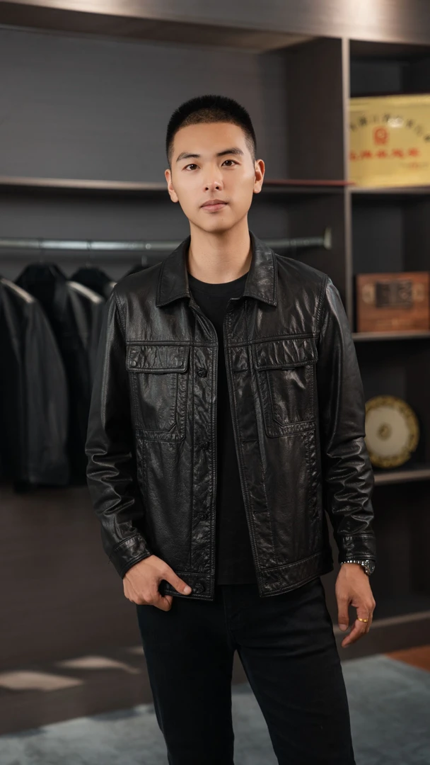 【真仕漫】亮面男青年常规复古帅气油蜡牛皮衣春秋帅气男式9901
