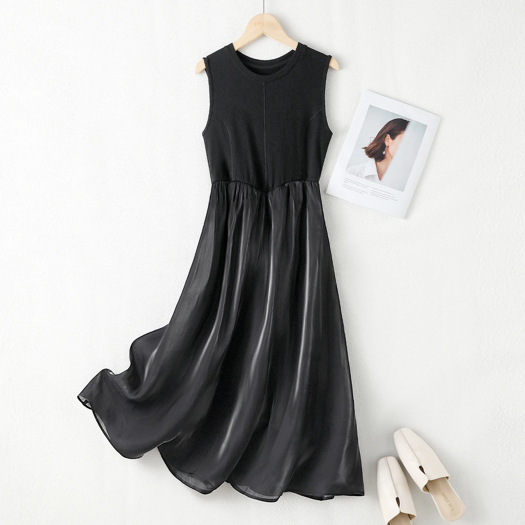 IHIMI/海谧2025夏新款拼接修身弹力针织法式伞裙背心连衣裙4B046