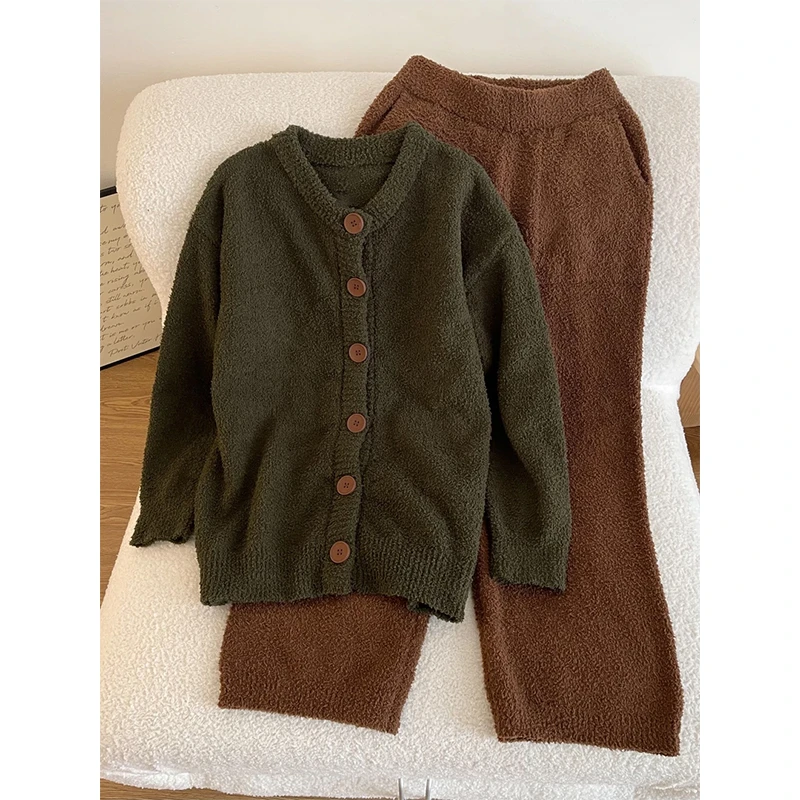 日系慵懒风半边绒加厚睡衣女冬款显瘦保暖长袖长裤加厚加绒珊瑚绒