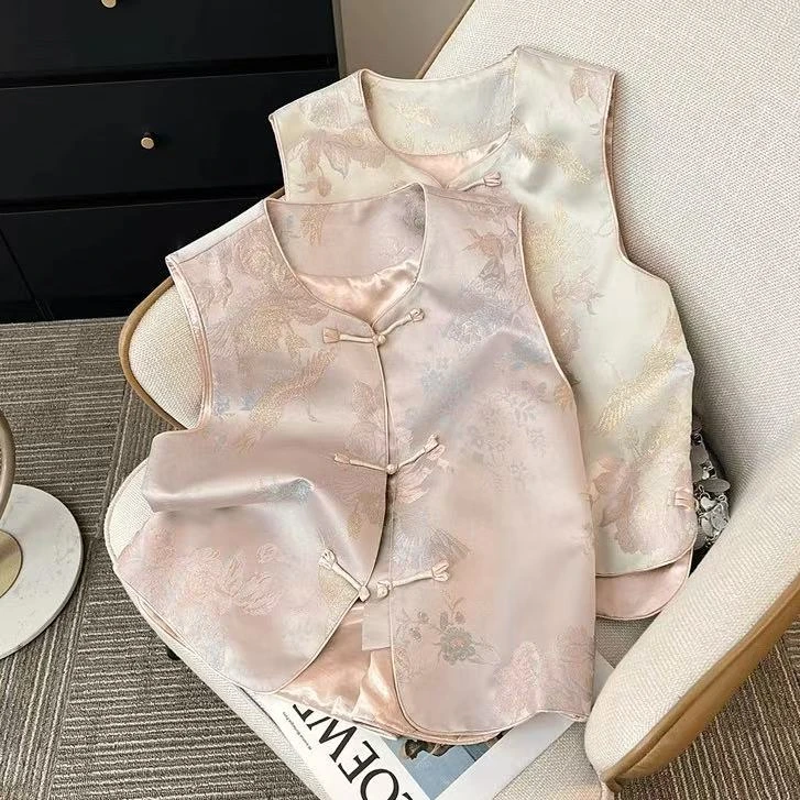 2025春秋新款新中式国风马甲坎肩复古盘扣织锦提花气质上衣