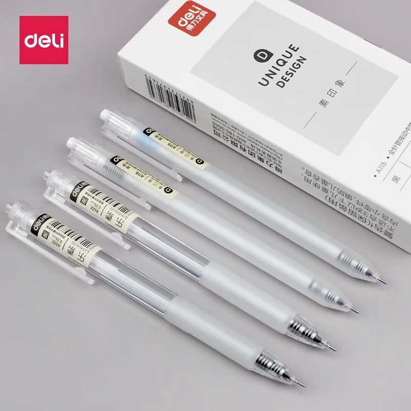 得力0.38mm针管按动笔黑色考试办公中性笔速干顺滑黑色笔中性笔