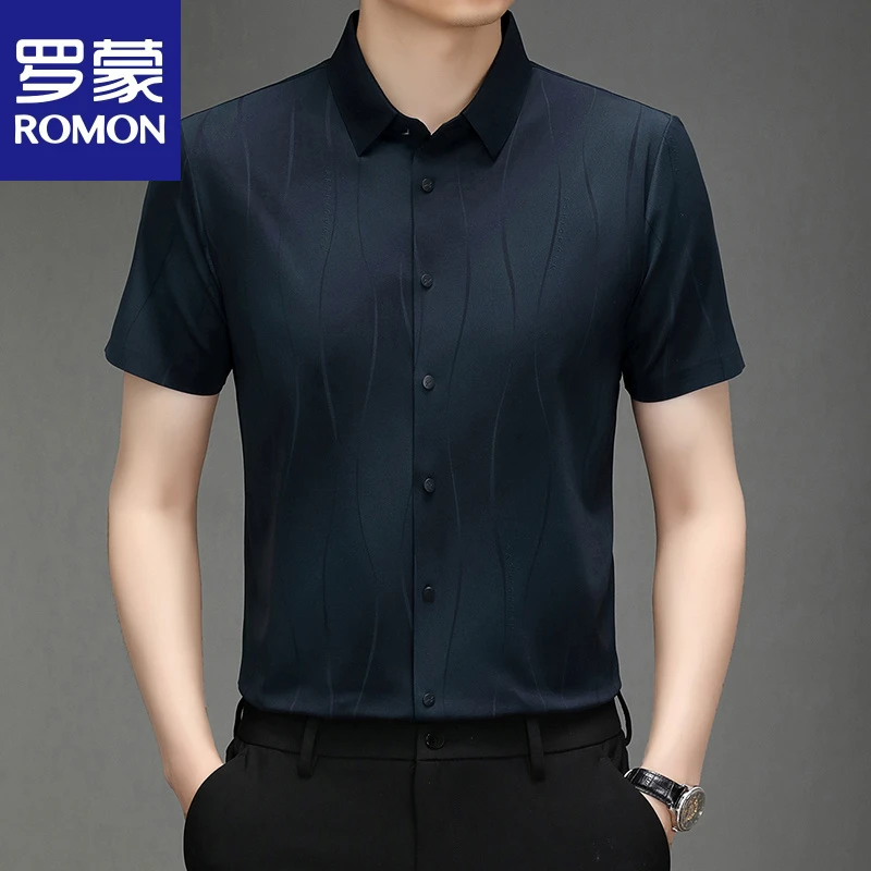 Romon/罗蒙夏季桑蚕丝凉感休闲衬衫男士冰丝透气弹力显瘦高档衬衣